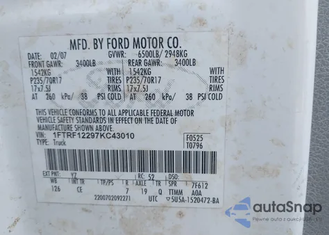 2007 Ford F-150 Stx/Xl/Xlt из США, поврежденный, VIN 1FTRF12297KC43010